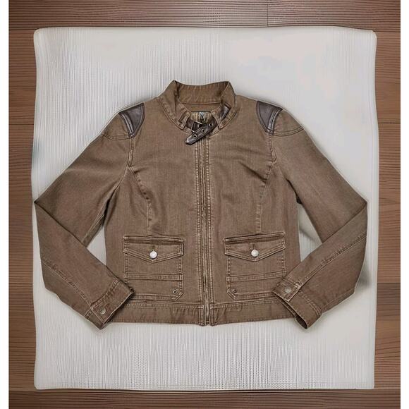 POLO Ralph Lauren Longline Moto Biker Cotton Leather Stitching Jacket Size 12